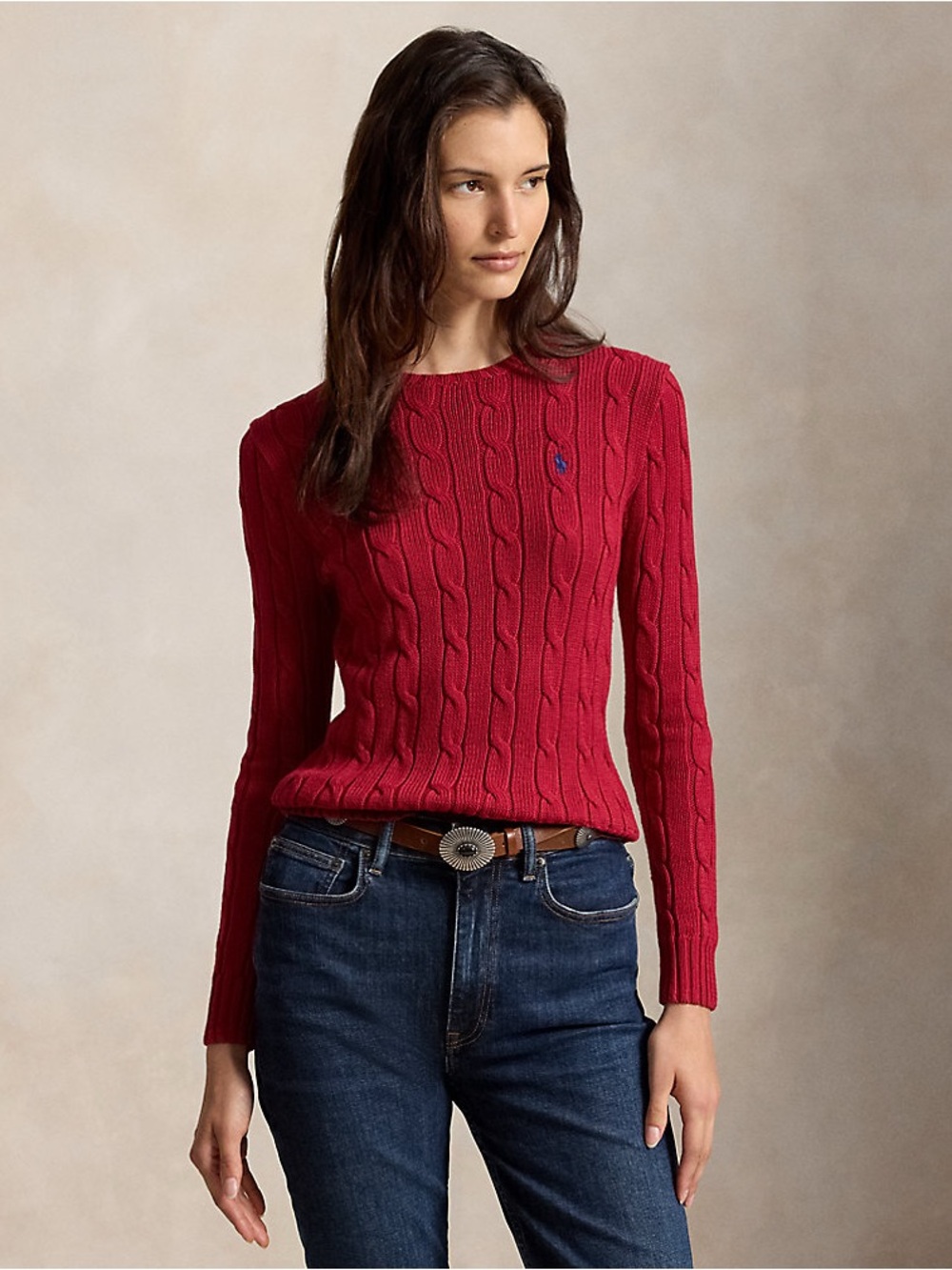 Ralph Lauren Pink-Red Cable-Knit Crewneck Sweater